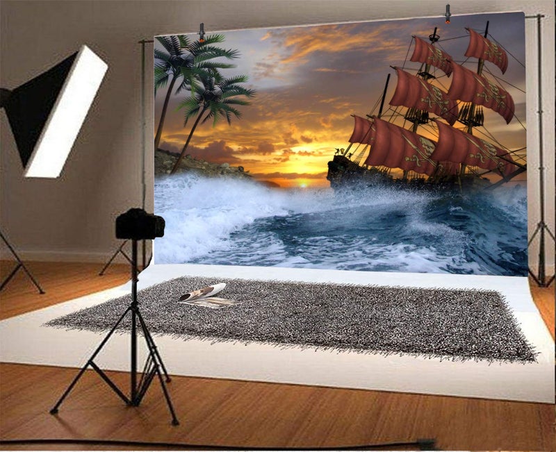 AOFOTO 5x3ft Pirate Party Backdrop Background for Photography Vintage Corsair Pirate Sailing Ship Roaring Sea Waves Ocean Island Nautical Adventure Backdrop Decorations Boys Birthday Photo Props - Image 2